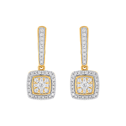 0.25 Carat Round Diamond 10KT Yellow Gold Halo Cluster Drop Earrings