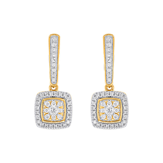 0.25 Carat Round Diamond 10KT Yellow Gold Halo Cluster Drop Earrings
