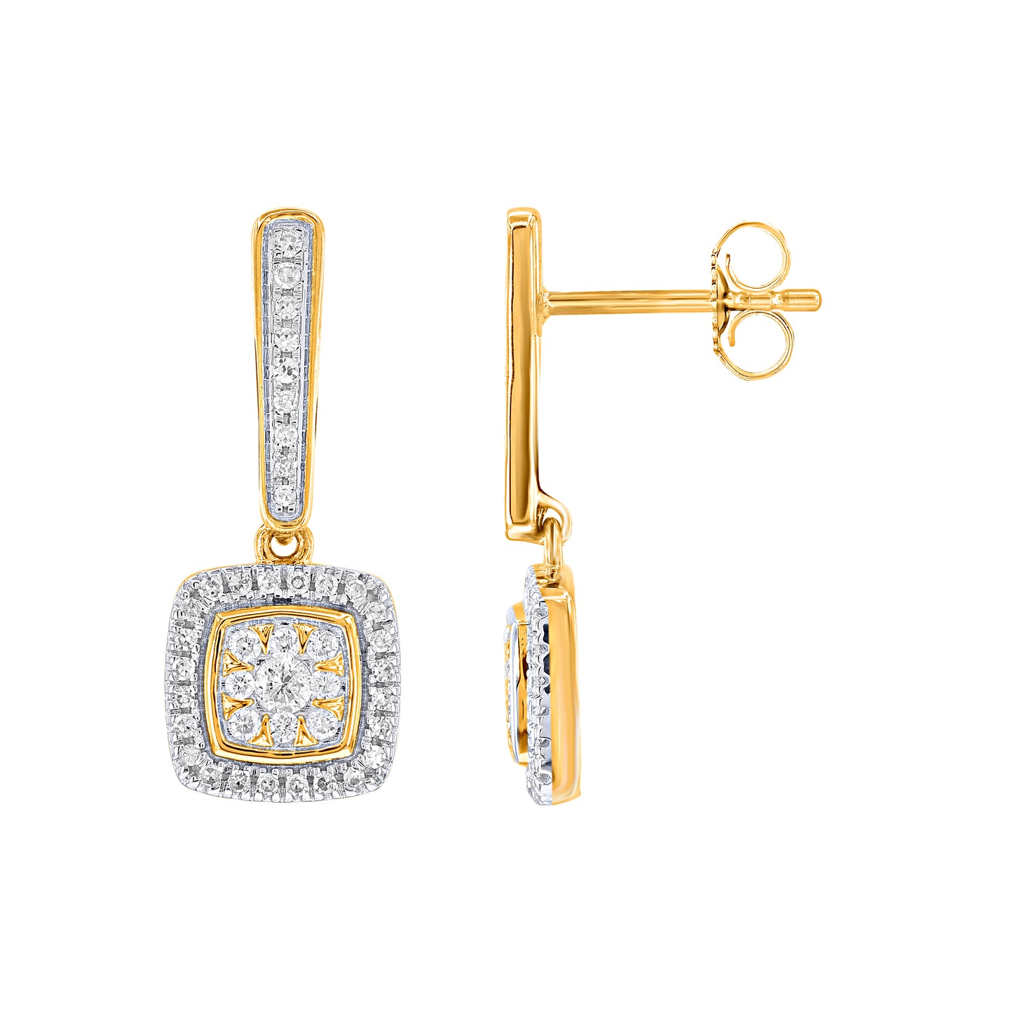 0.25 Carat Round Diamond 10KT Yellow Gold Halo Cluster Drop Earrings