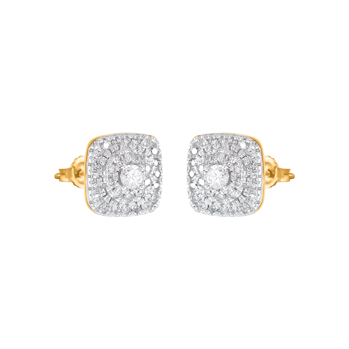 0.25 Carat Diamond Cushion Halo Cluster Stud Earrings in 10K Yellow Gold