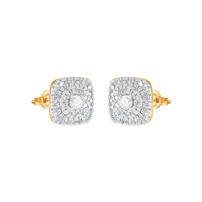 0.25 Carat Diamond Cushion Halo Cluster Stud Earrings in 10K Yellow Gold