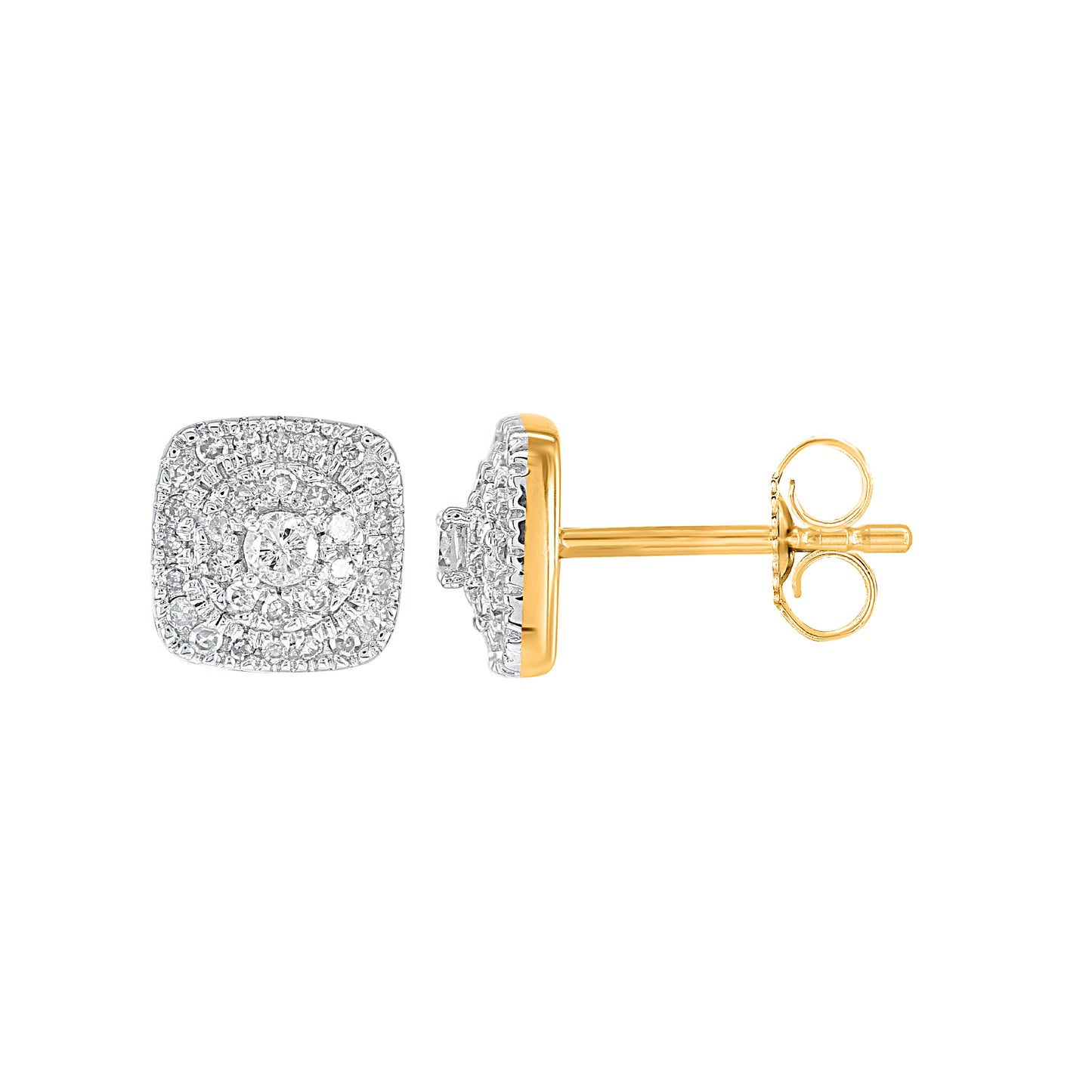 0.25 Carat Diamond Cushion Halo Cluster Stud Earrings in 10K Yellow Gold
