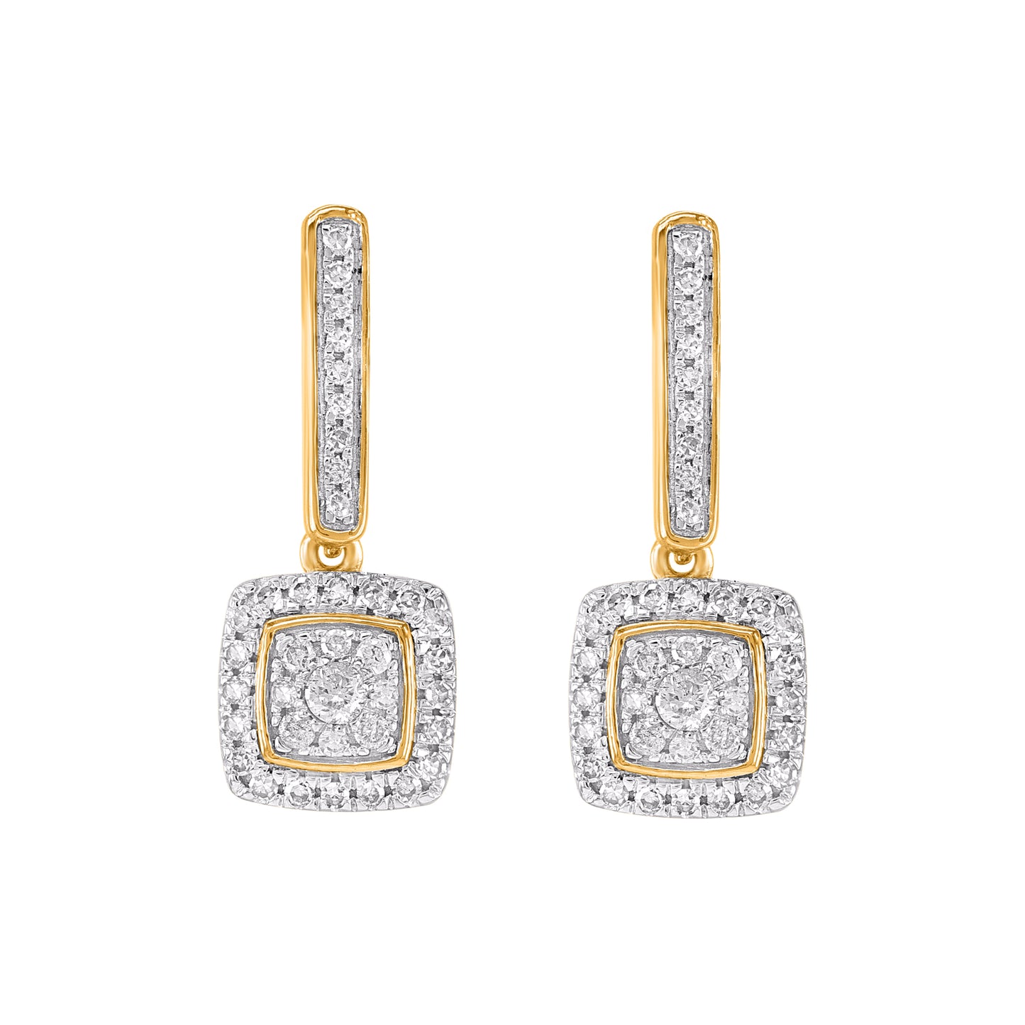0.25 Carat Round Diamond 10KT Yellow Gold Cushion Halo Cluster Drop Earrings