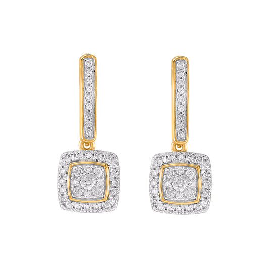0.25 Carat Round Diamond 10KT Yellow Gold Cushion Halo Cluster Drop Earrings