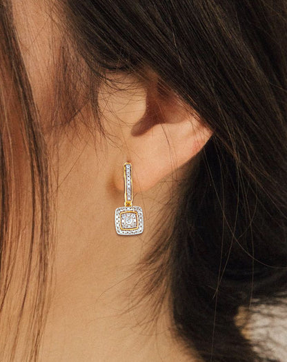 0.25 Carat Round Diamond 10KT Yellow Gold Cushion Halo Cluster Drop Earrings