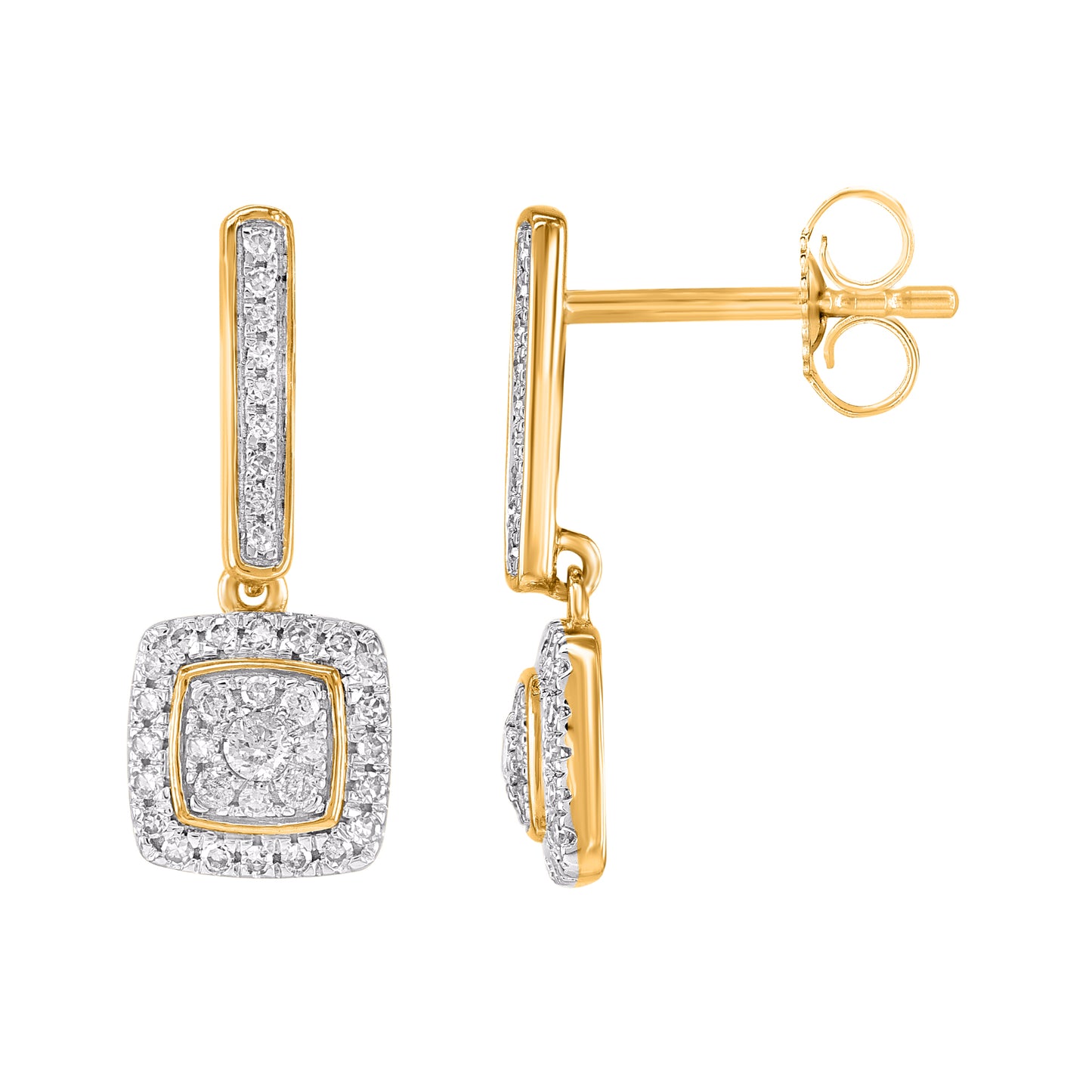 0.25 Carat Round Diamond 10KT Yellow Gold Cushion Halo Cluster Drop Earrings