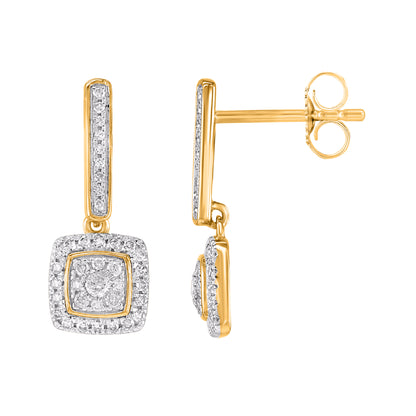 0.25 Carat Round Diamond 10KT Yellow Gold Cushion Halo Cluster Drop Earrings